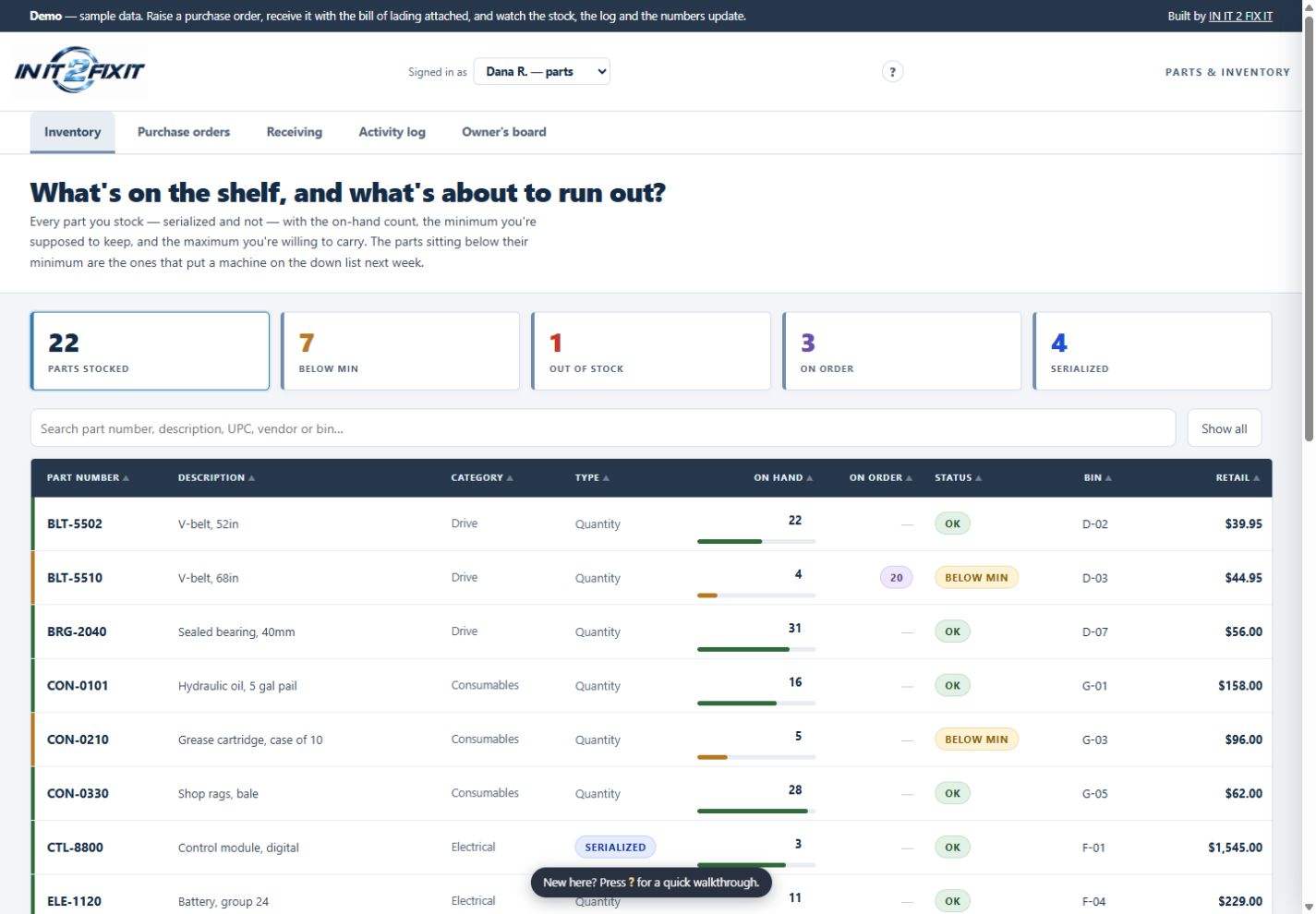 Parts and inventory &mdash; serialized and non-serialized stock with reorder points, purchase orders and receiving